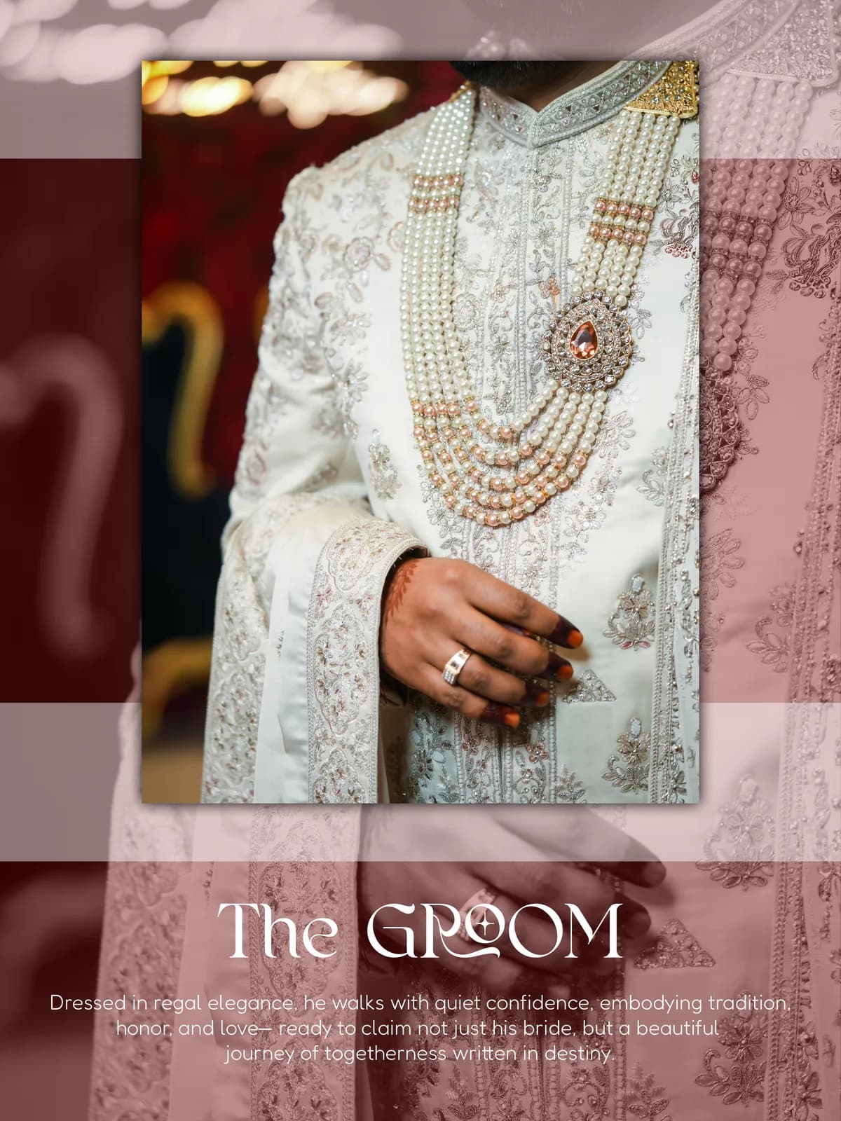 Close-up of intricate bridal embroidery and golden jewellery on Indian wedding lehenga